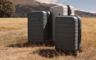 white and grey luggage on a field