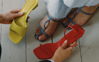 Yellow, red, and blue heels